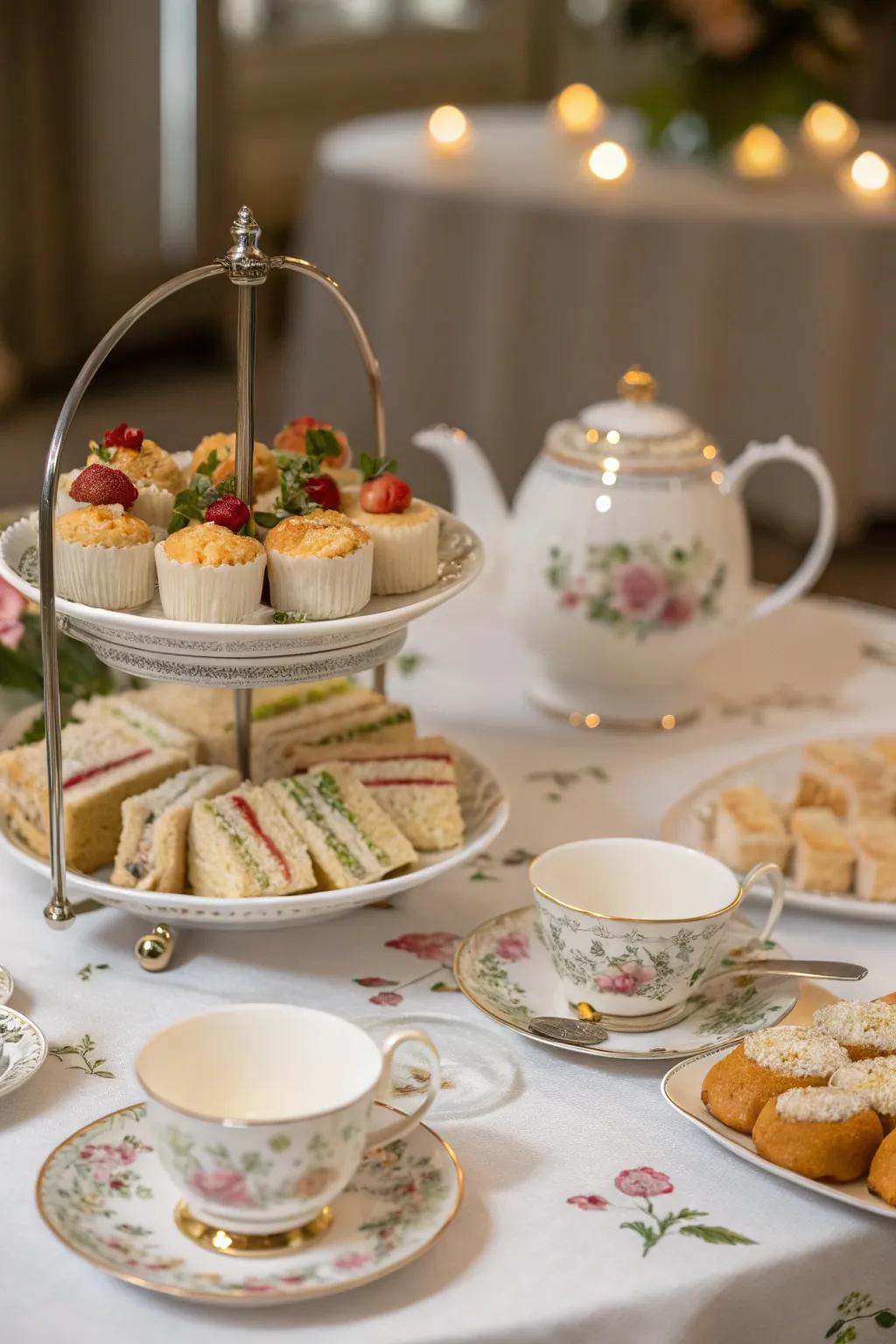 An elegant tea social arrangement with teacups and a selection of pastries.