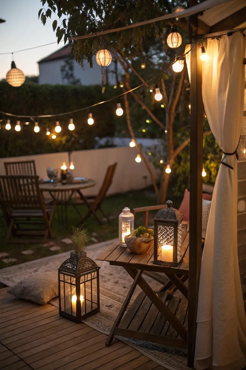 A small patio radiating ornamental lighting for a cozy, inviting atmosphere.