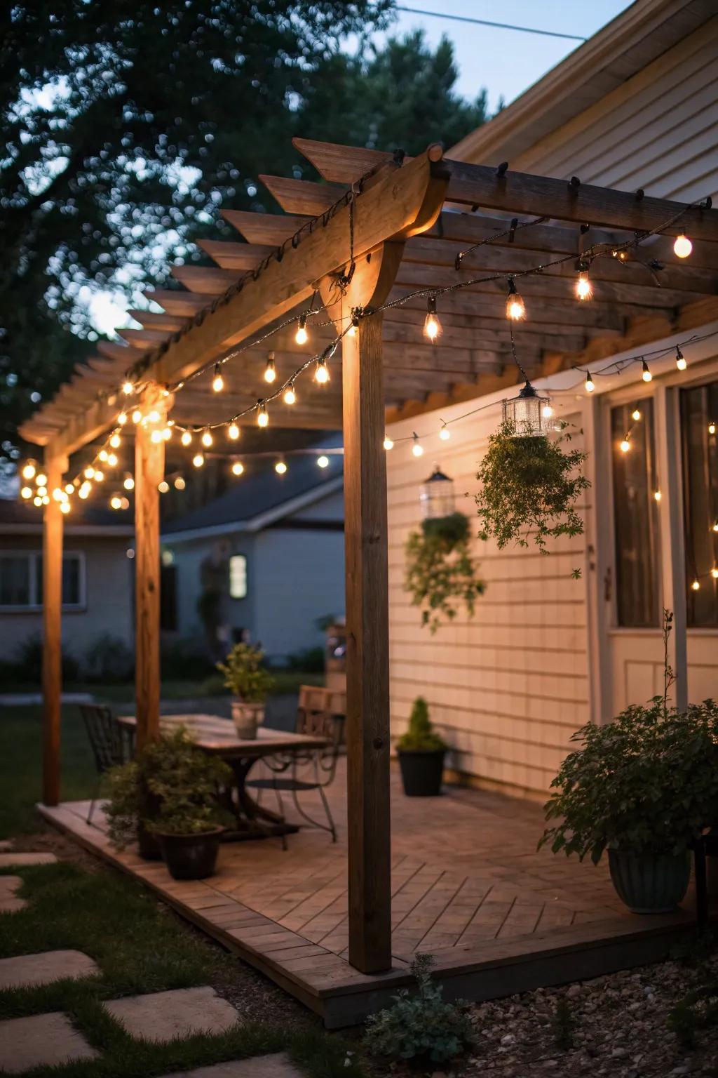Fairy lights contribute a warm, welcoming radiance to a modest patio pergola.
