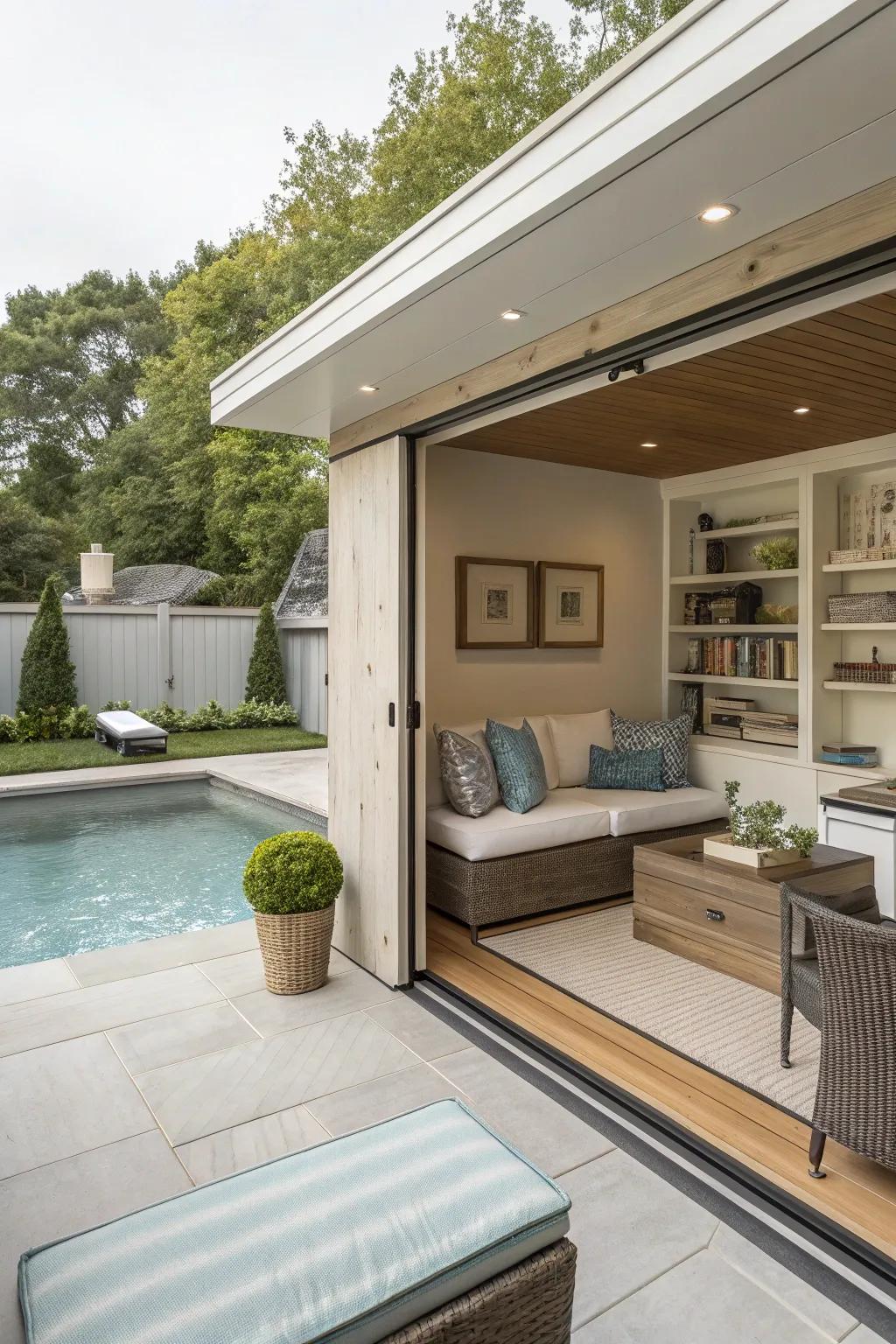 A compact pool house designed as a secluded sanctuary.