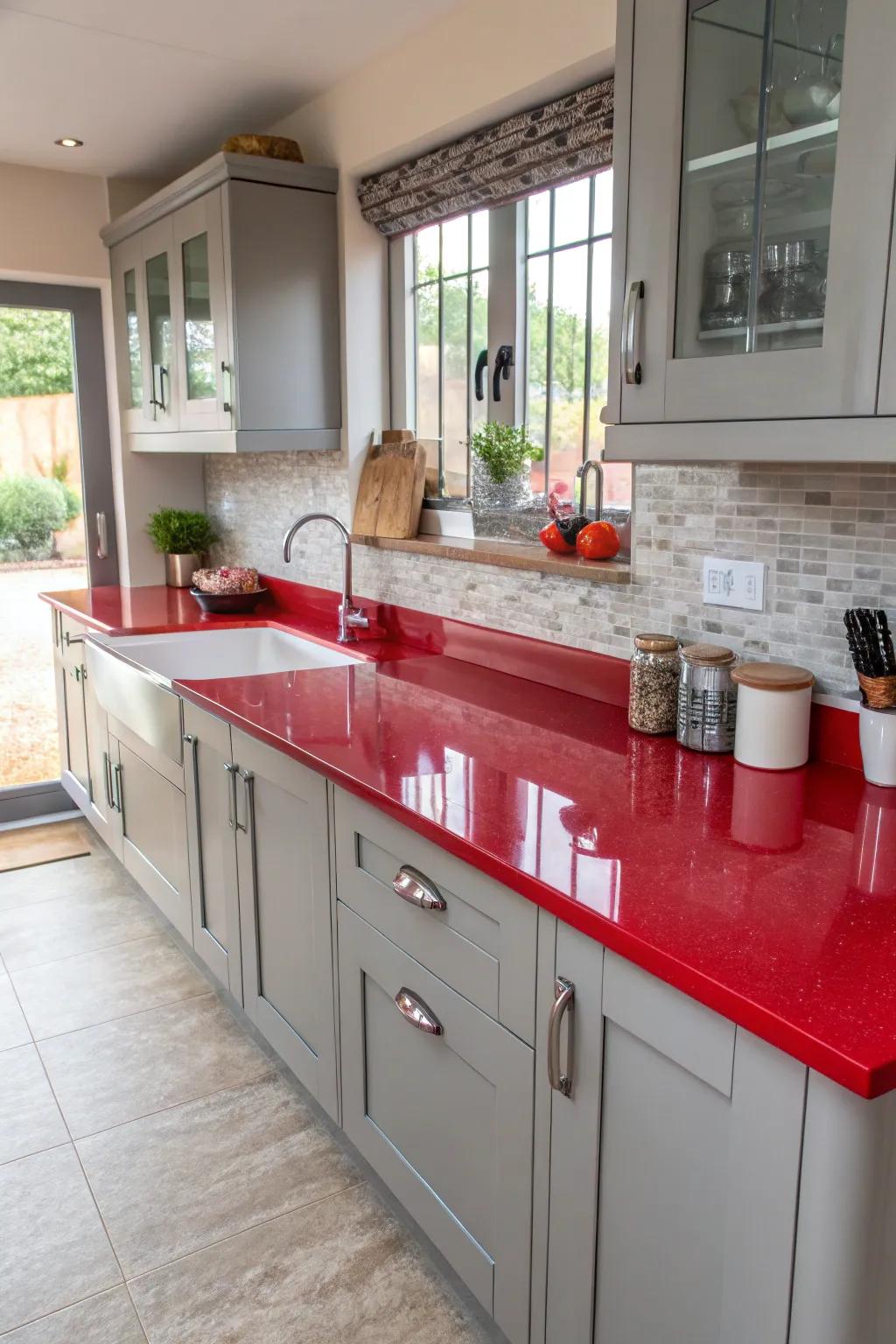 Eye-catching red worktop paired with gray cupboard units for a modern touch.