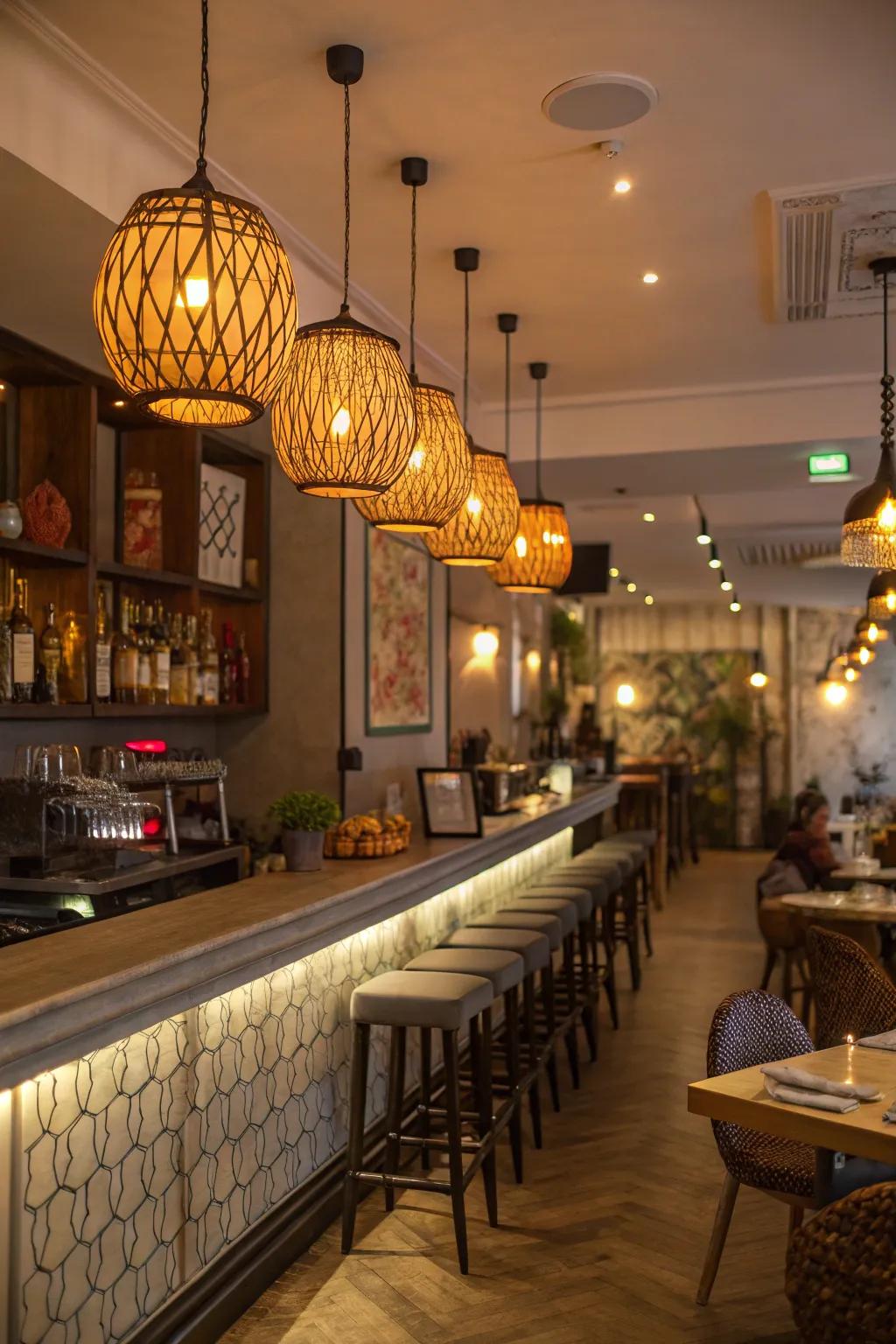 Warm drop lights producing an inviting feel within a smaller restaurant bar.