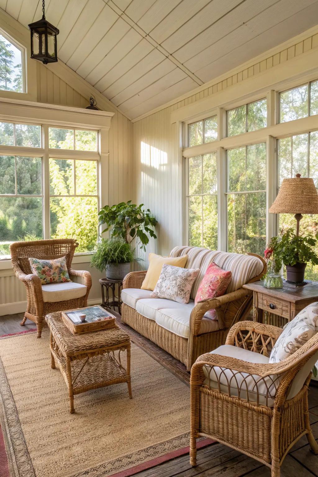 Rattan furniture provides a hint of country comfort to this sunroom.