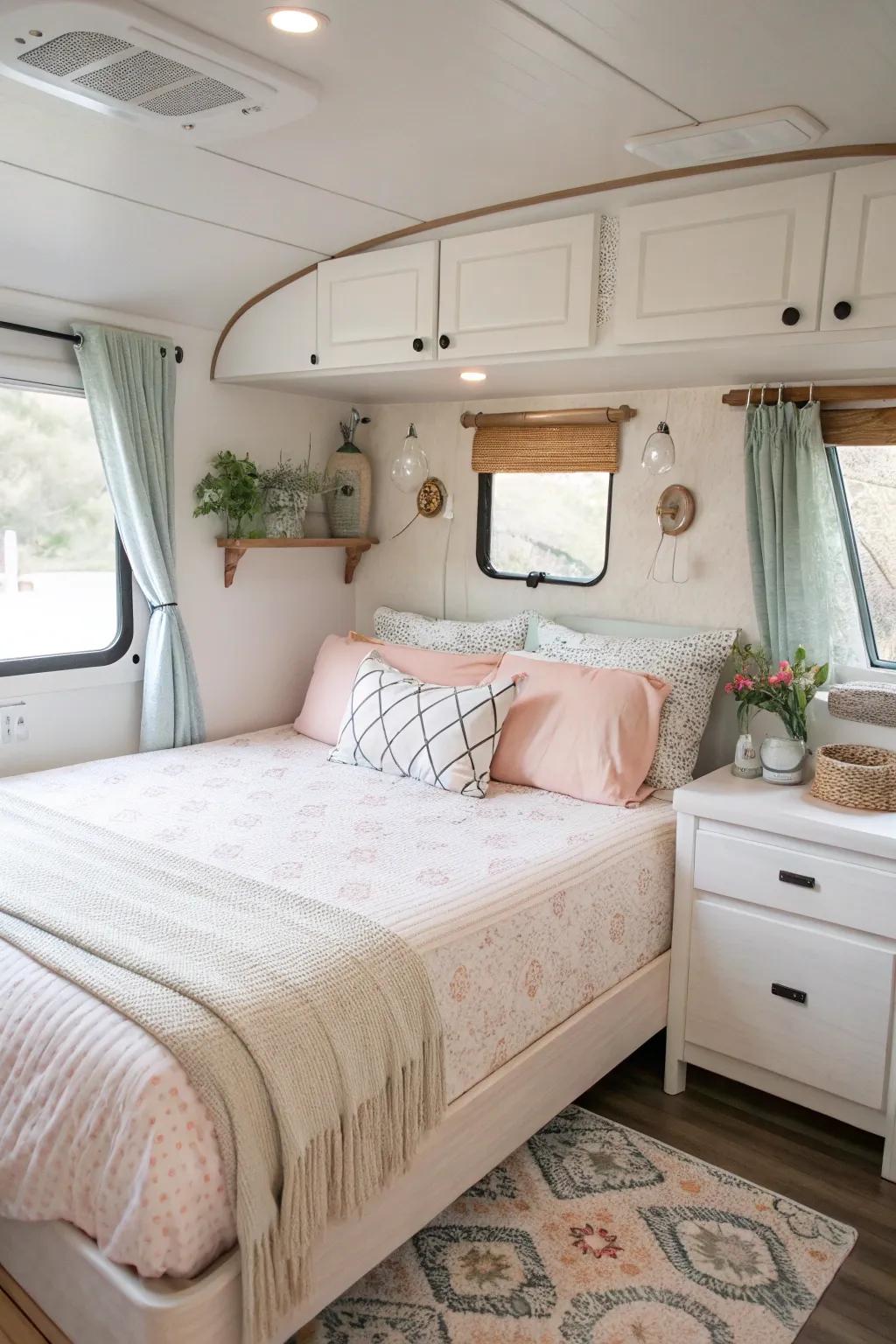 A light color palette helps an RV bedroom feel more spacious and open.