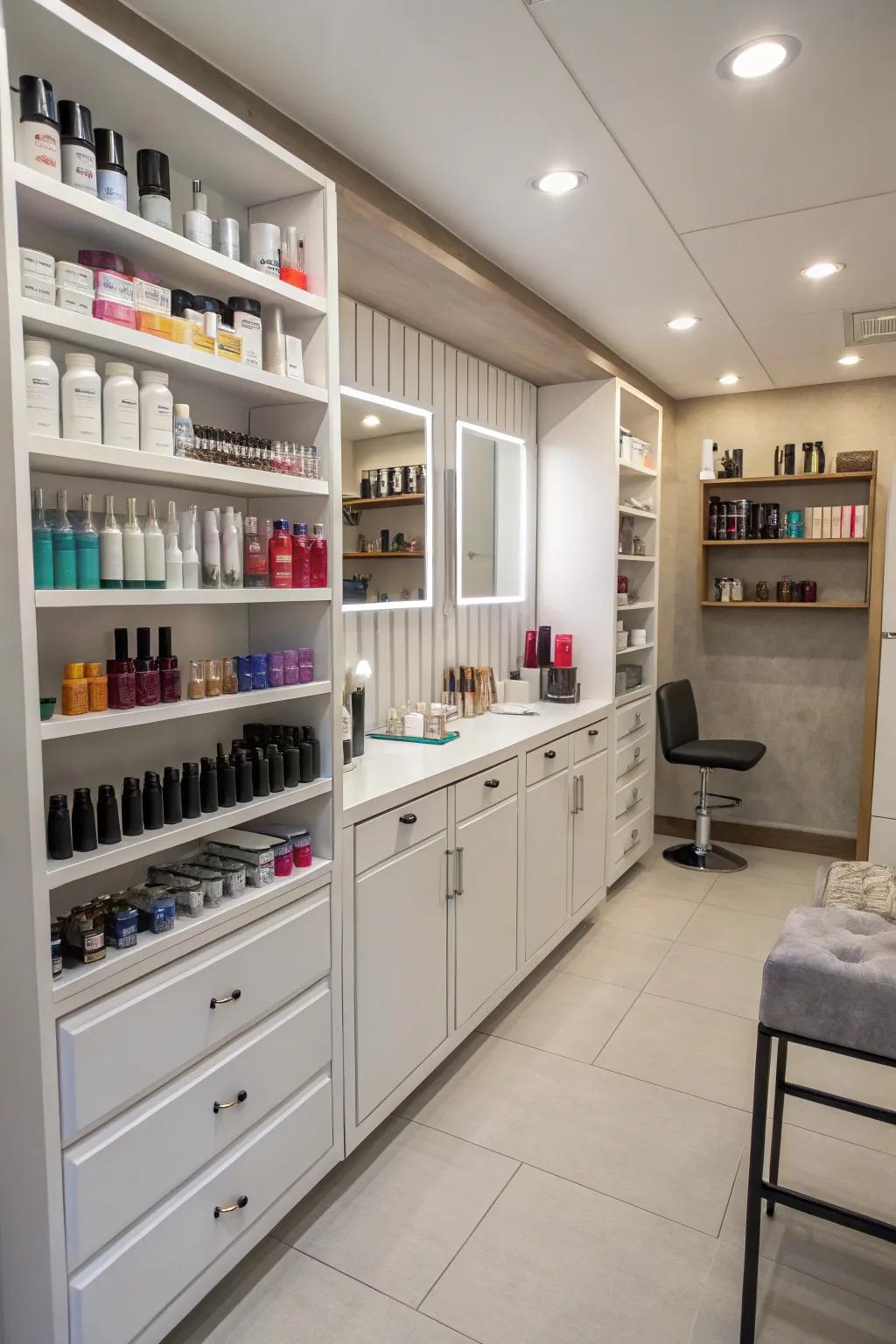 Vertical storage solutions designed to keep the salon well-organized and spacious.