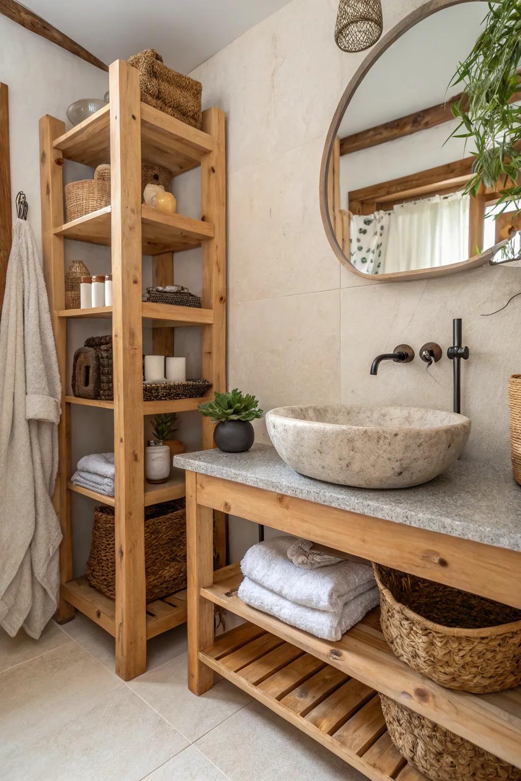 Natural materials such as wood and stone enhance warmth and texture.