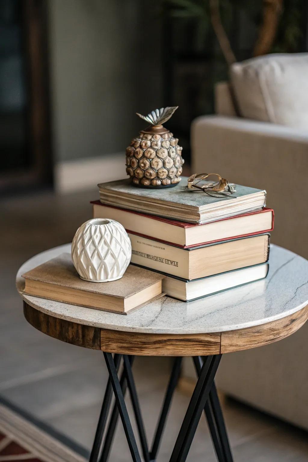 Stacked books add personality and height to a side table.