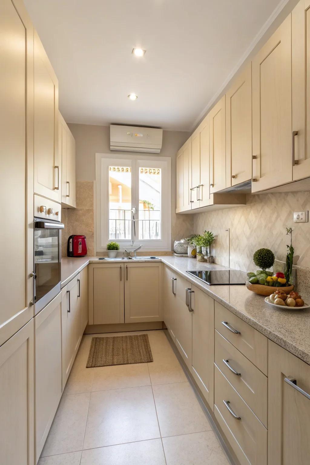 Soft hues create an airy and roomy feel in a small cooking space.