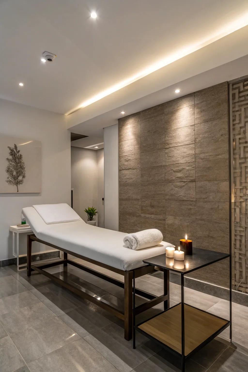 Simplified aesthetic using streamlined furniture in a spa room