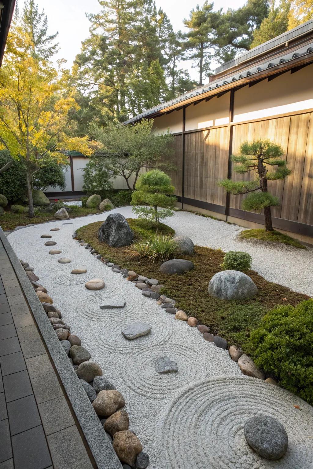 A tranquil Zen garden featuring small rocks and a calming layout.