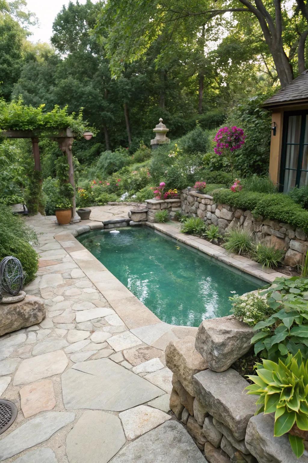 Genuine stone adds a luxurious touch to small pools.