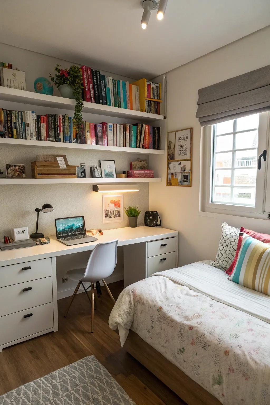 Shelving that appears to float provides stylish storage options without occupying floor area.