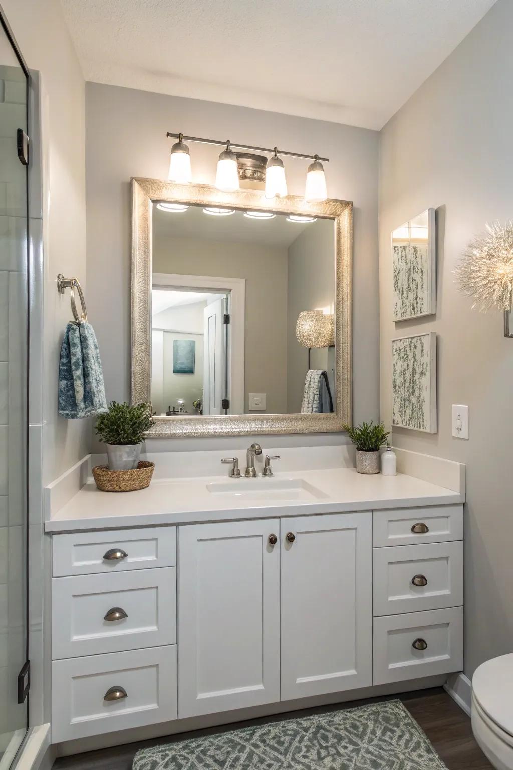 Large mirrors increase light and roominess in small bathrooms.
