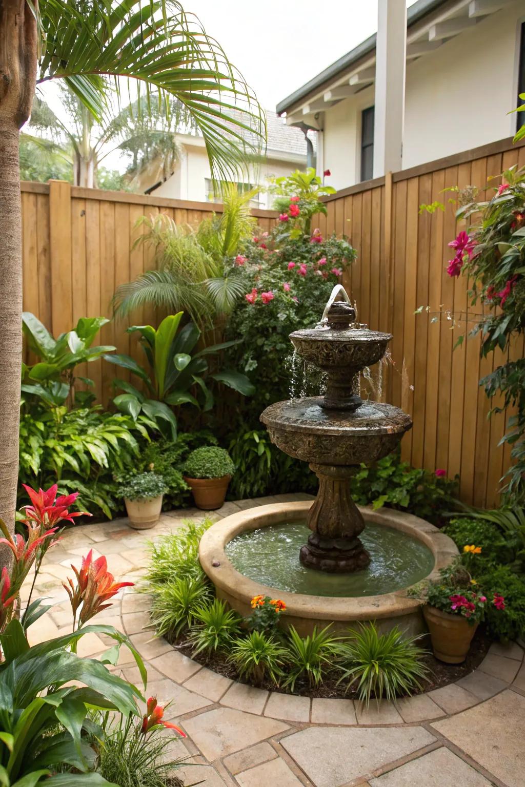 A peaceful water feature enhances the tropical vibe of a small garden.
