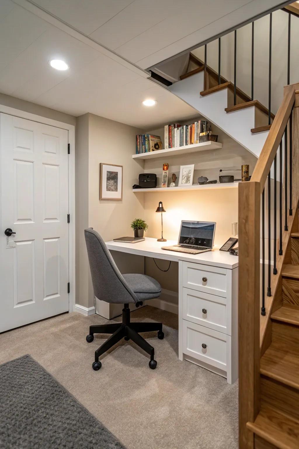 Establish a concentrated work setting with a small-scale home office in your basement.
