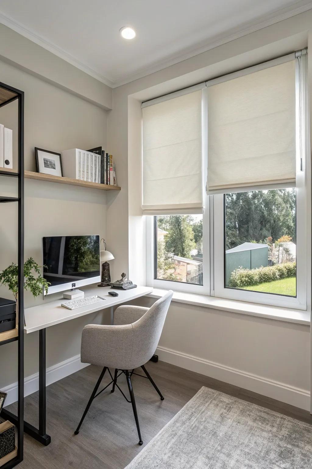 Reeling shades impart a streamlined, modern touch.