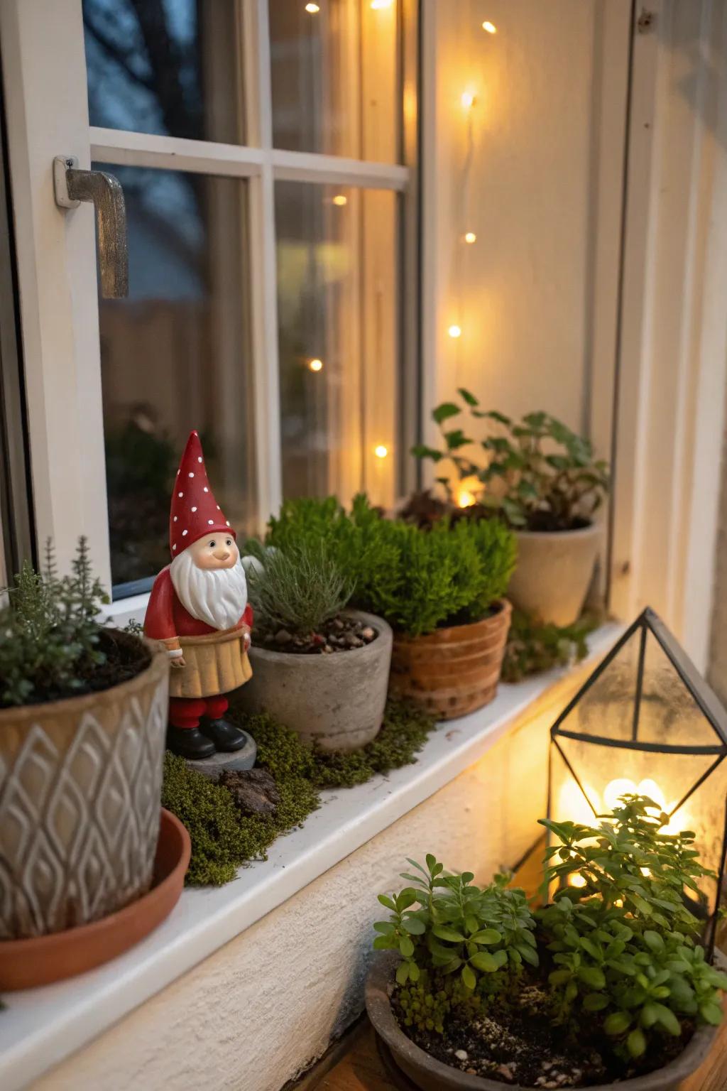 An enchanting mini garden scene featured in a small window display.
