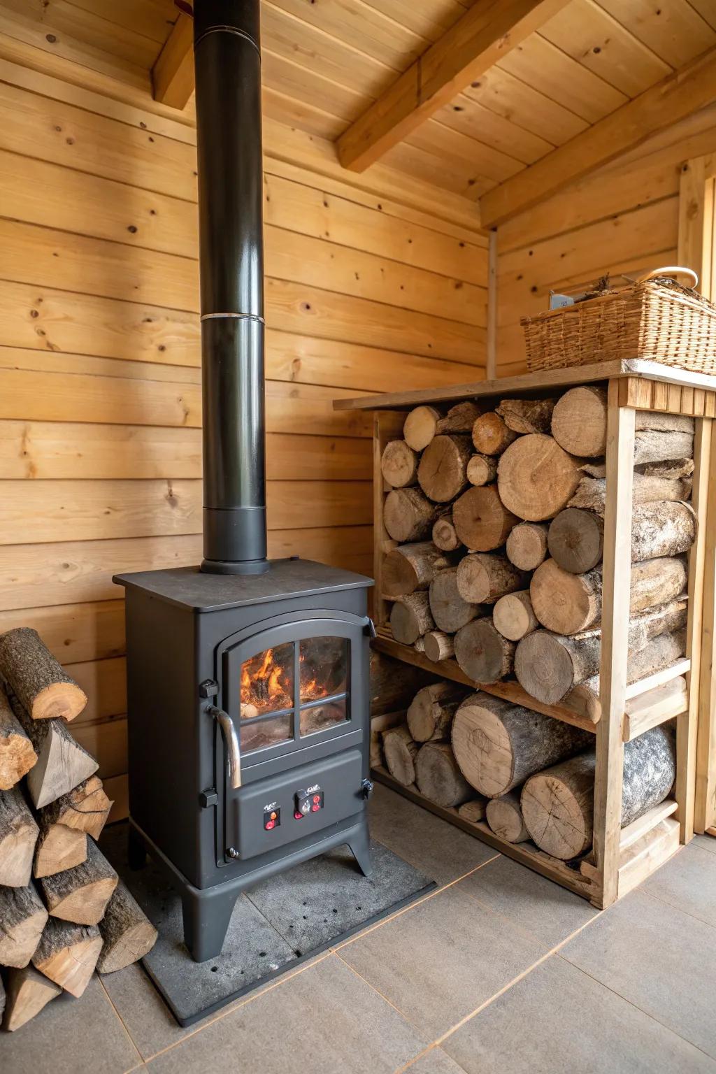 Integrated log storage transforms firewood into a stylish and practical part of the decor.