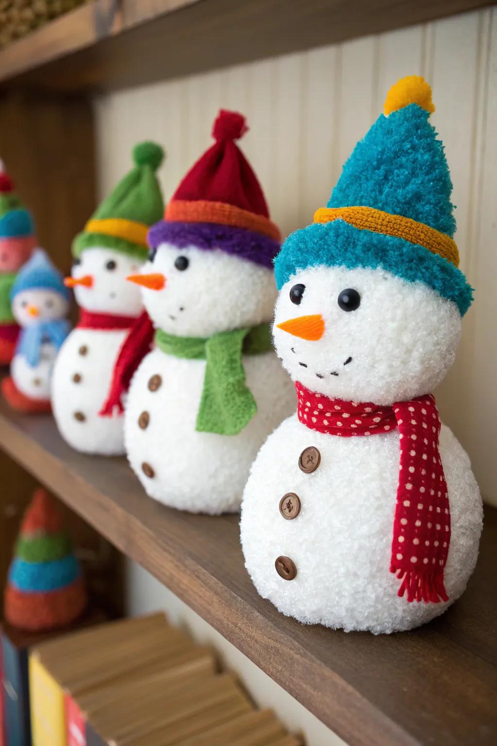 Cheerful pom pom snowmen ready to brighten your day.