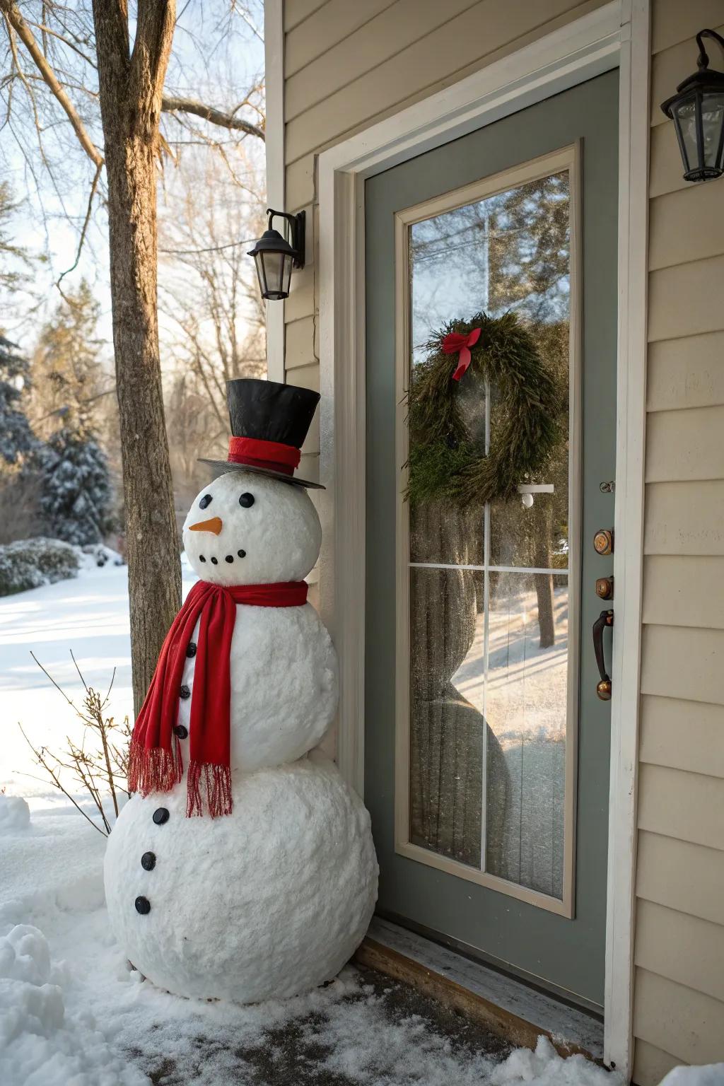 Neck wraps and fedoras enhance personality and comfort on your snowman door.