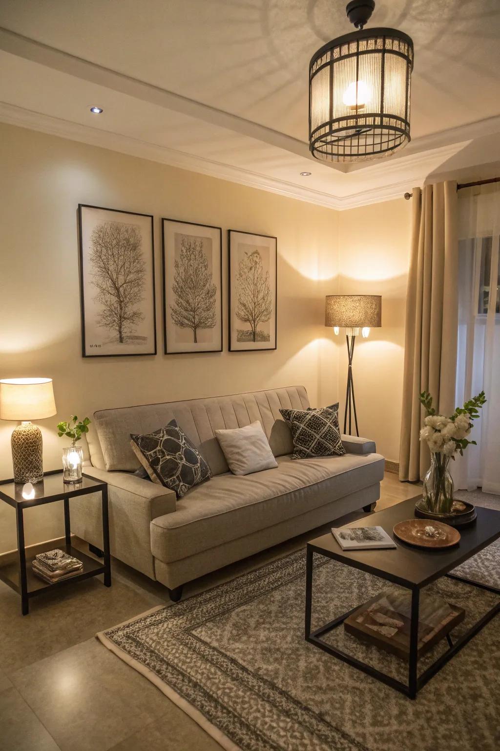 A stylish convertible sofa in a small living room, perfect for accommodating guests.