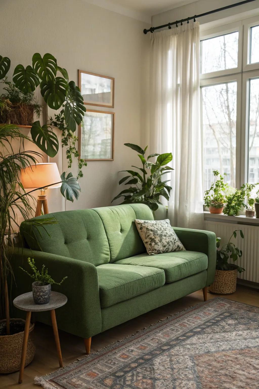 A green sofa paired with indoor plants brings the essence of nature inside.