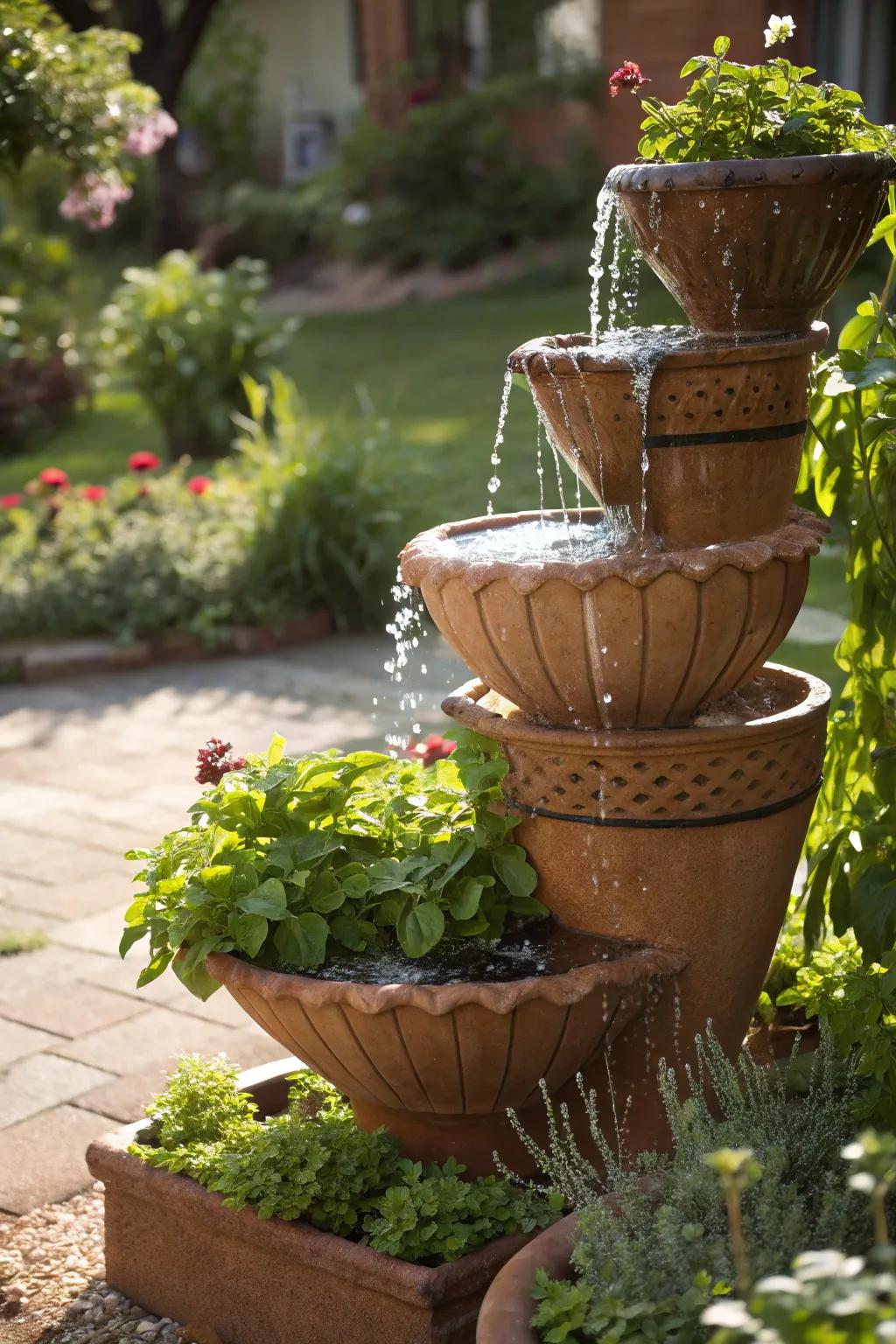 Tiered terracotta pots form an impressive solar-powered fountain.