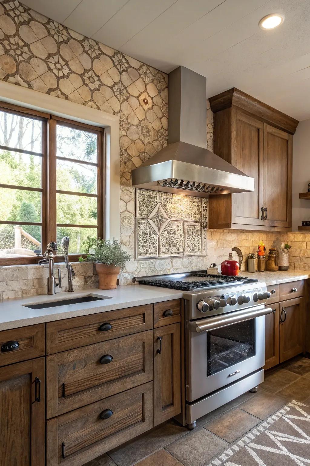 A weathered tile backsplash paired with modern kitchen features.