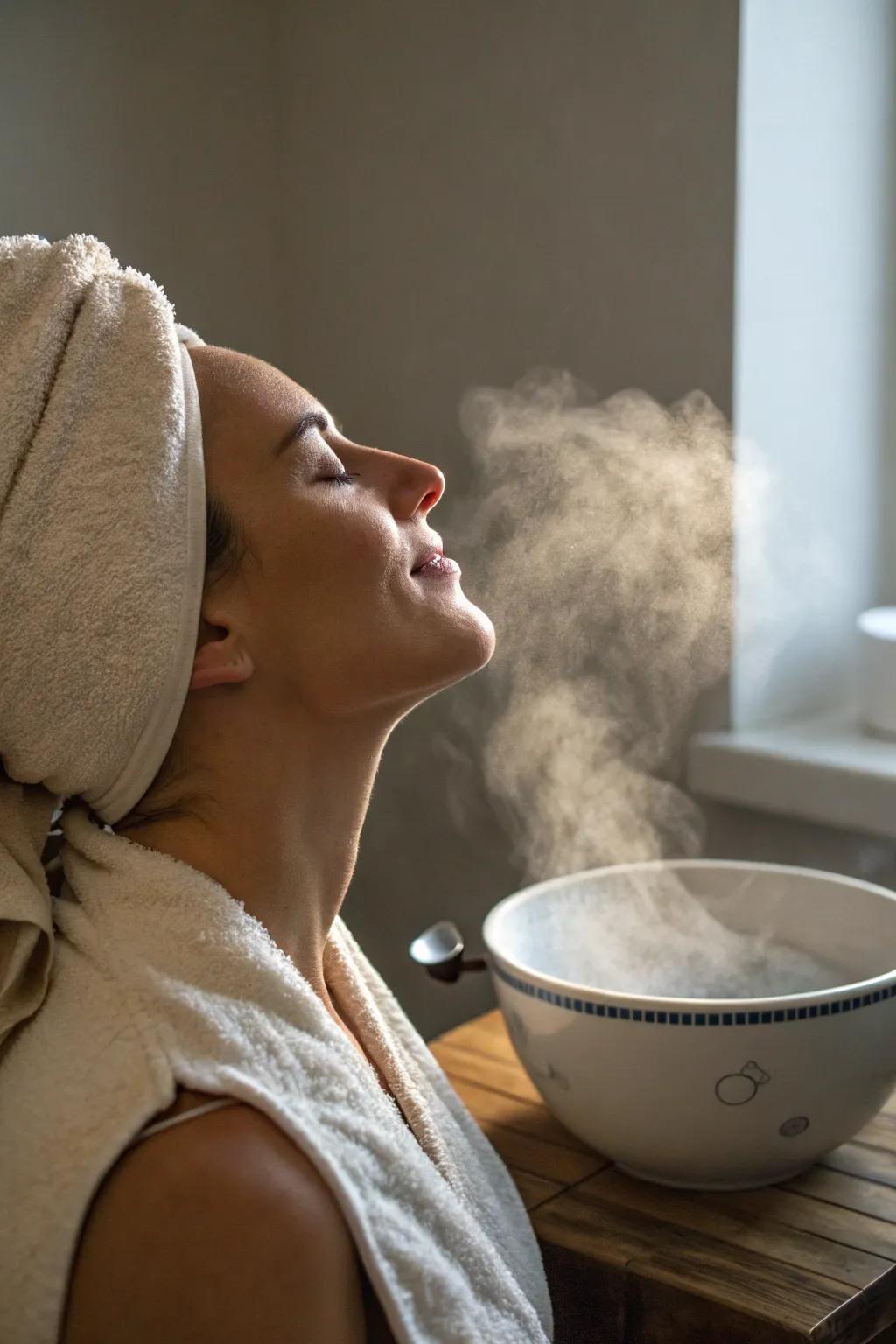 Facial steaming with essential oils relaxes the mind and cleanses pores.