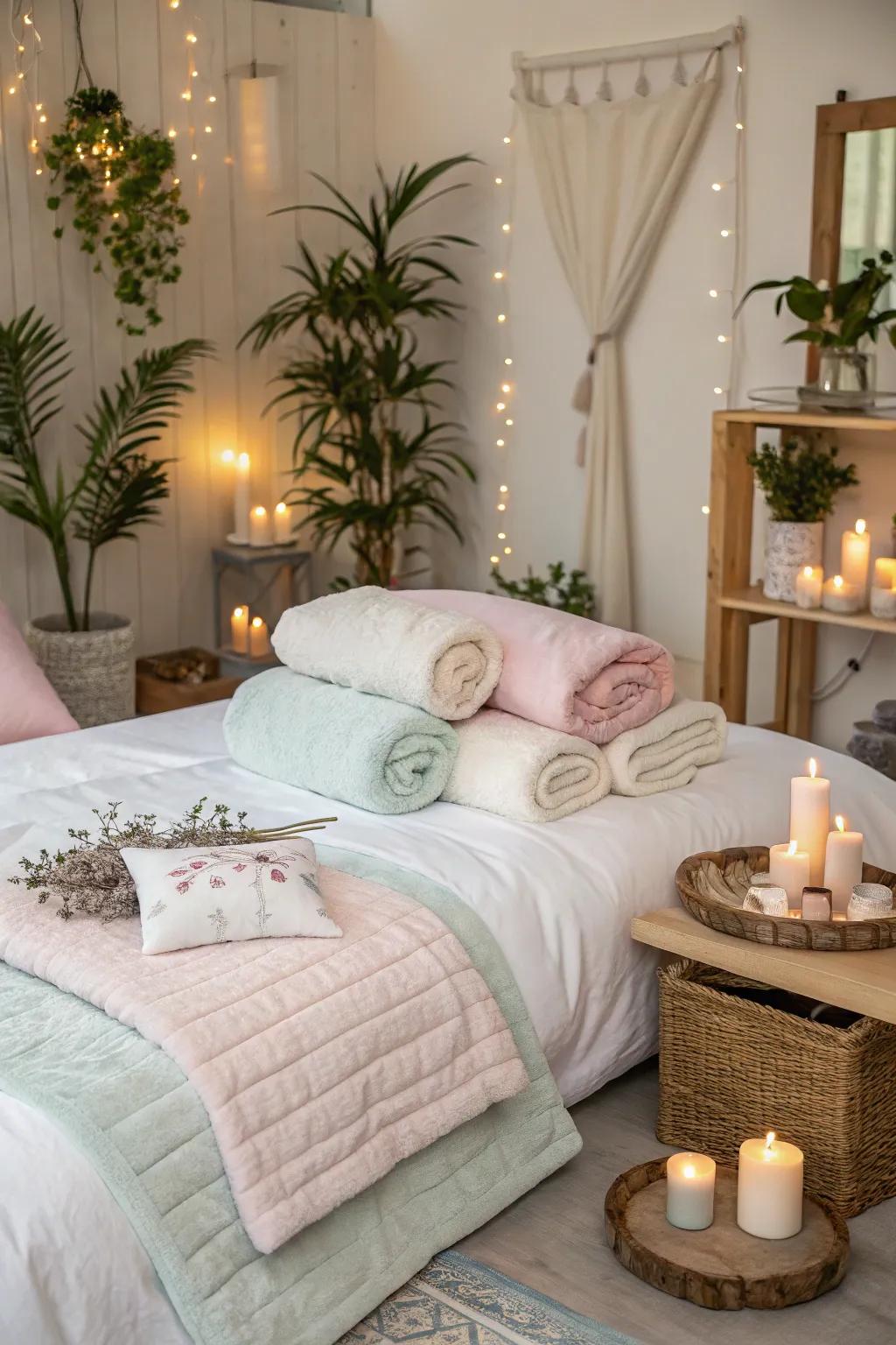 Downy cushions and soft throws create a dreamy spa sleepover experience.