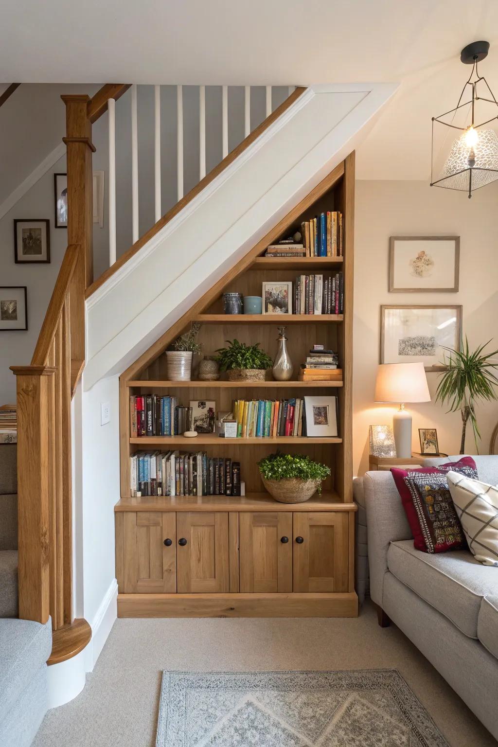 Utilizing under-stair space for stylish storage solutions.