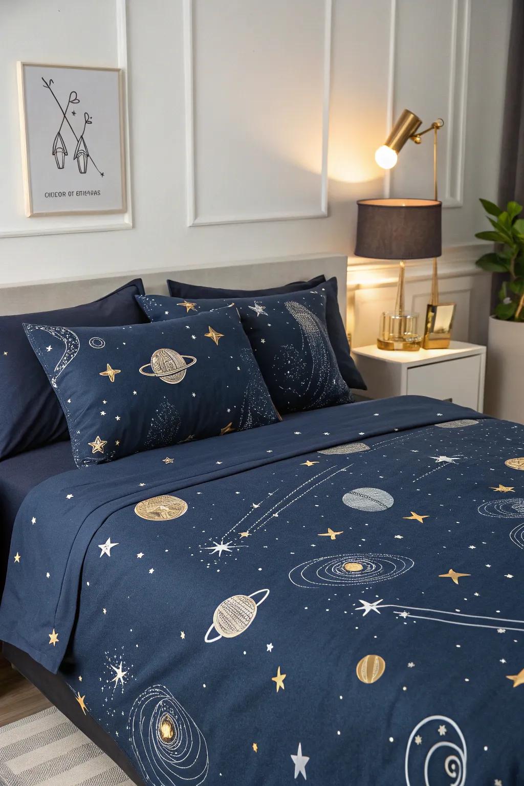Celestial-themed bedding gives your sleep space a touch of the cosmos.