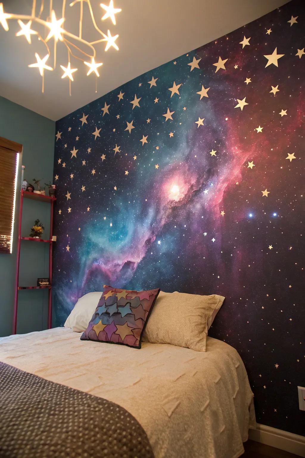 A galaxy mural that works as a dramatic and inspiring backdrop.