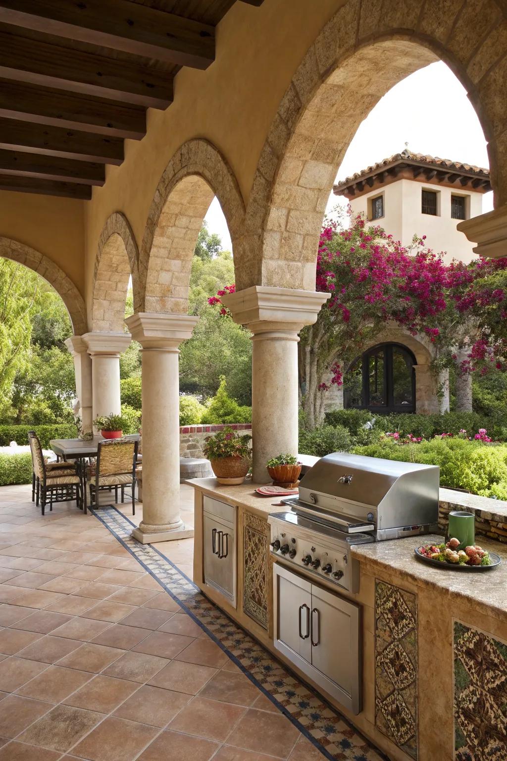 Stylish arches and columns give a timeless Spanish touch to this outdoor kitchen.