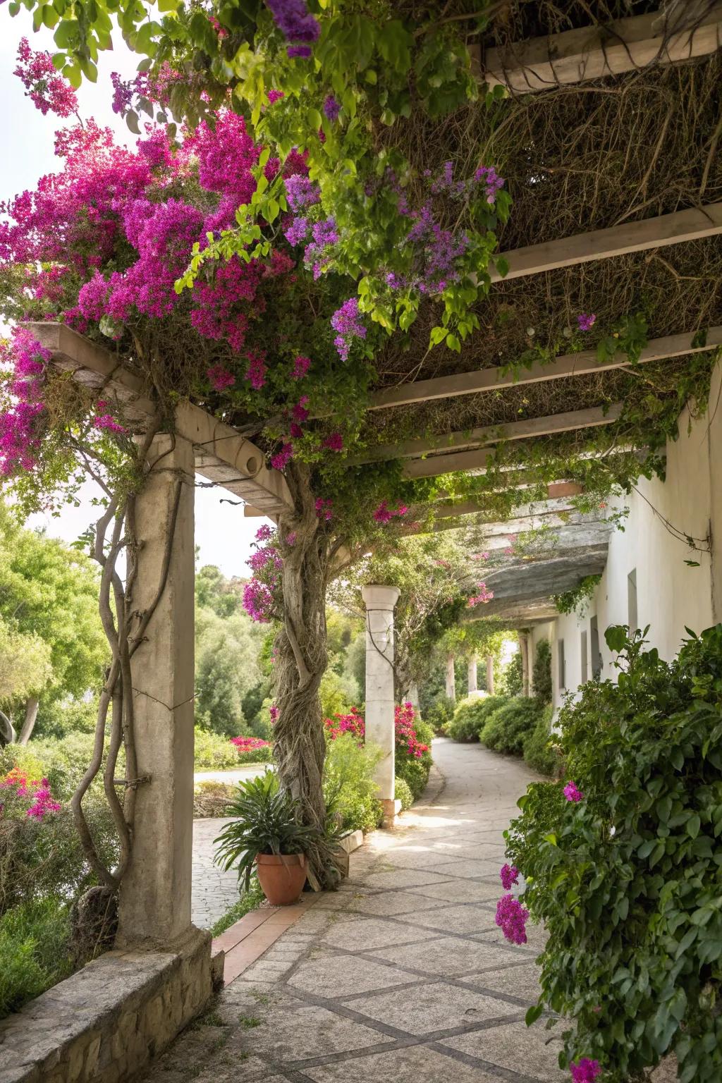 Climbing plants introduce color and shade to your pergola.