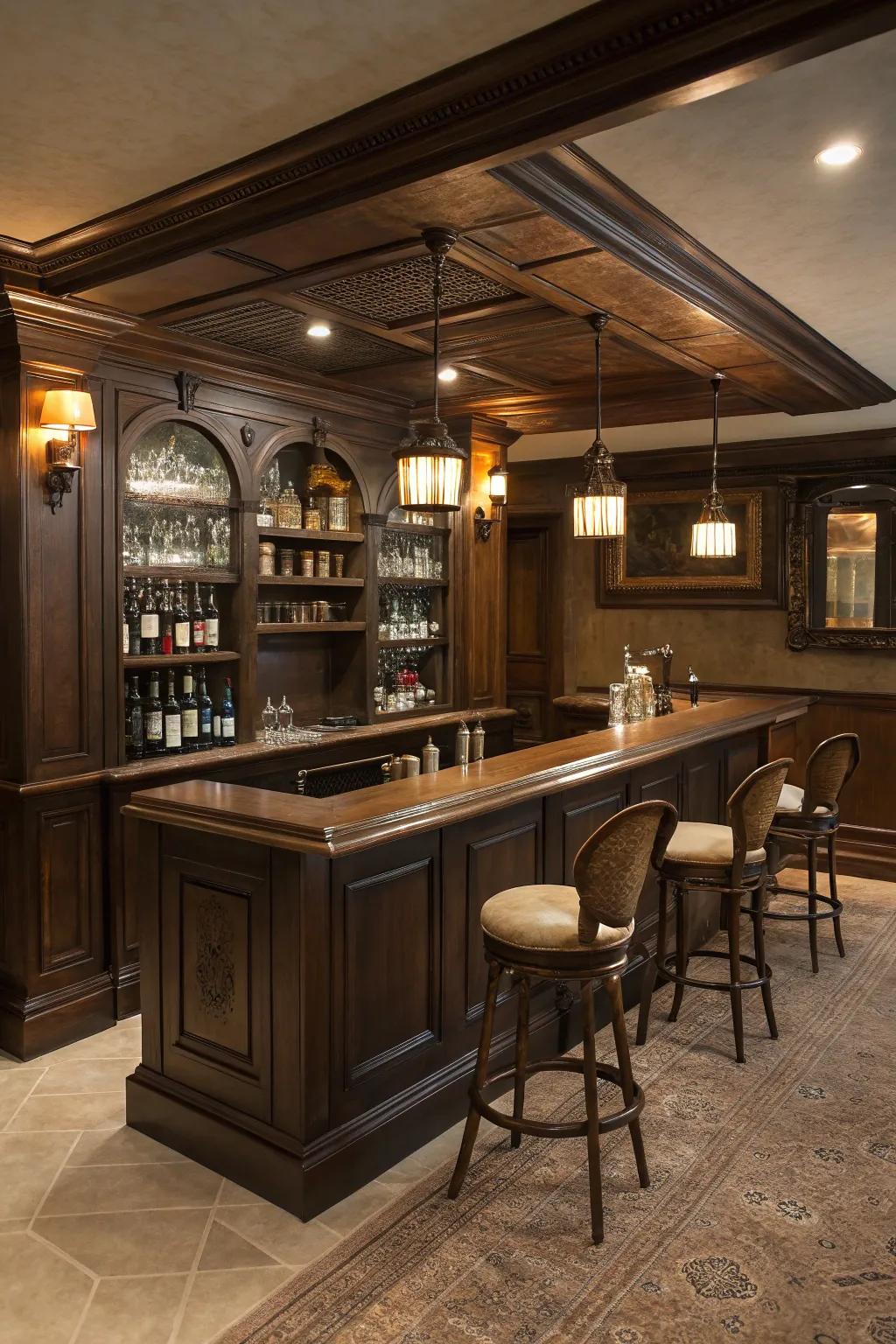 A vintage bar turns into the elegant centerpiece of your speakeasy.
