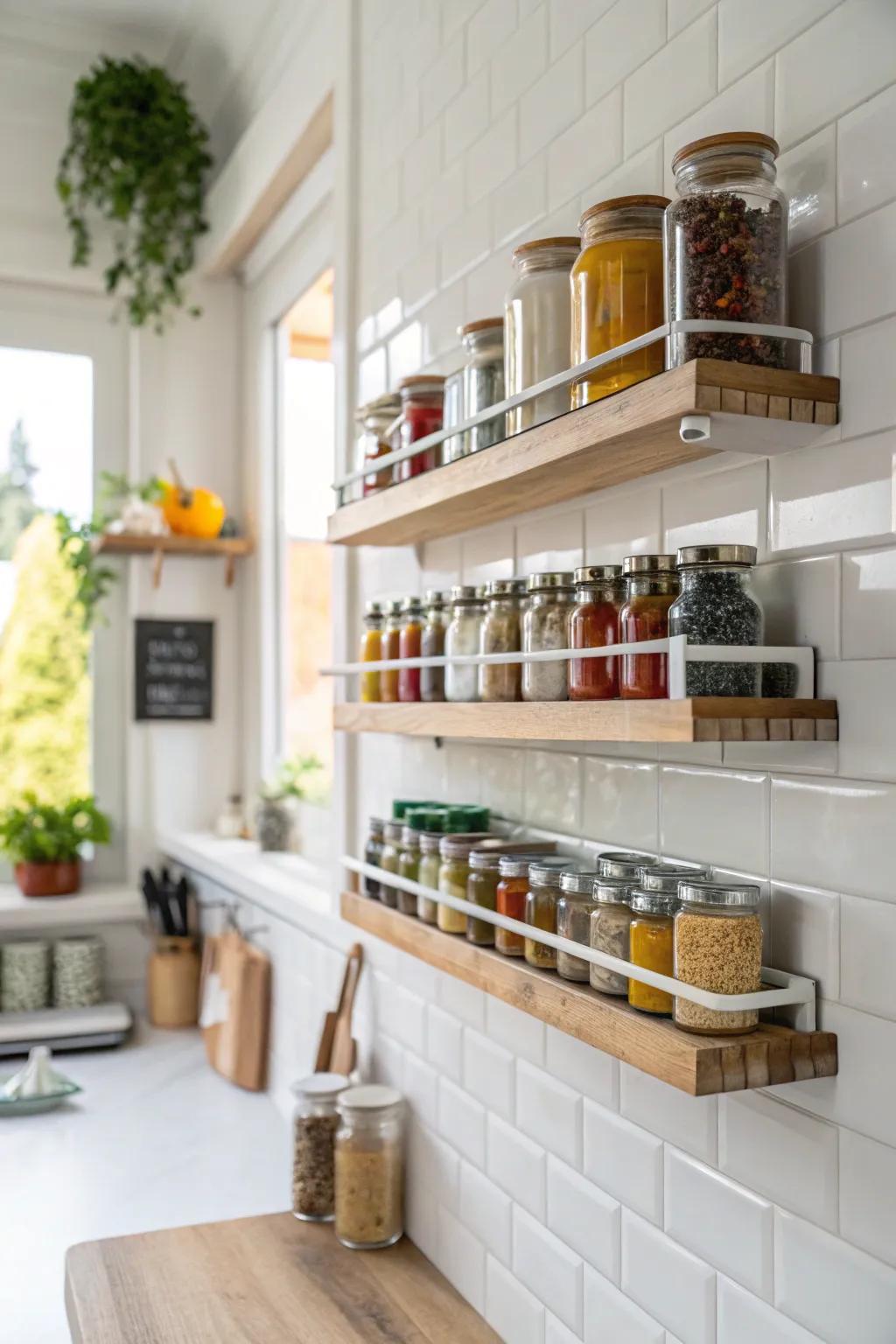 Visually pleasing spice layout on floating shelves.