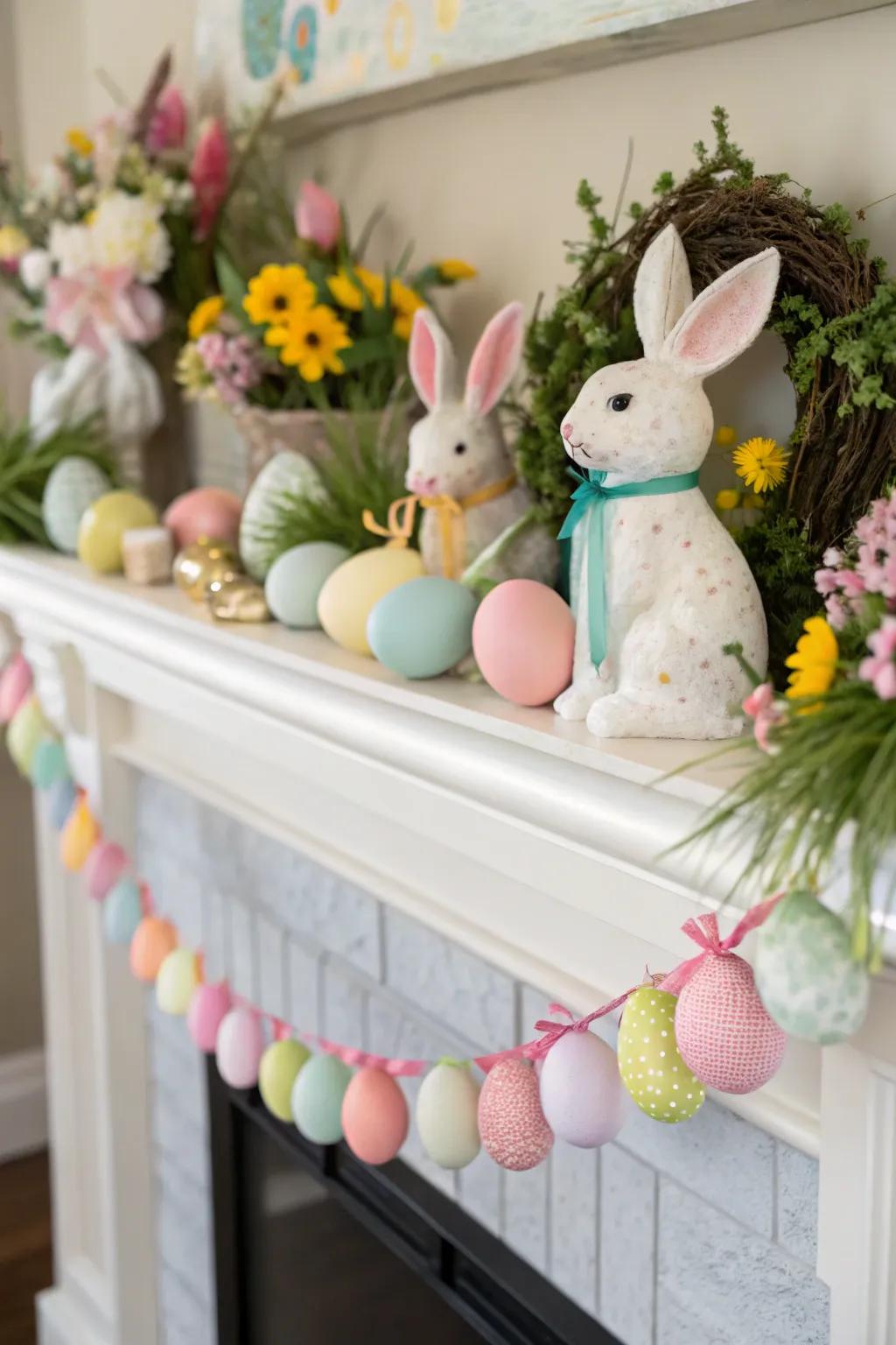Delightful bunny figurines bring an Easter mood to the mantel.