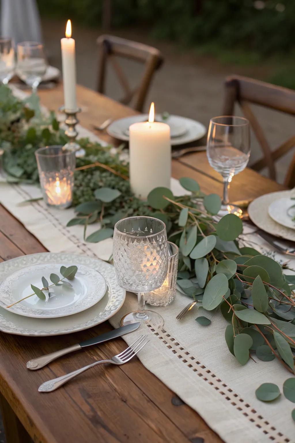 A table decorated with a full foliage runner.