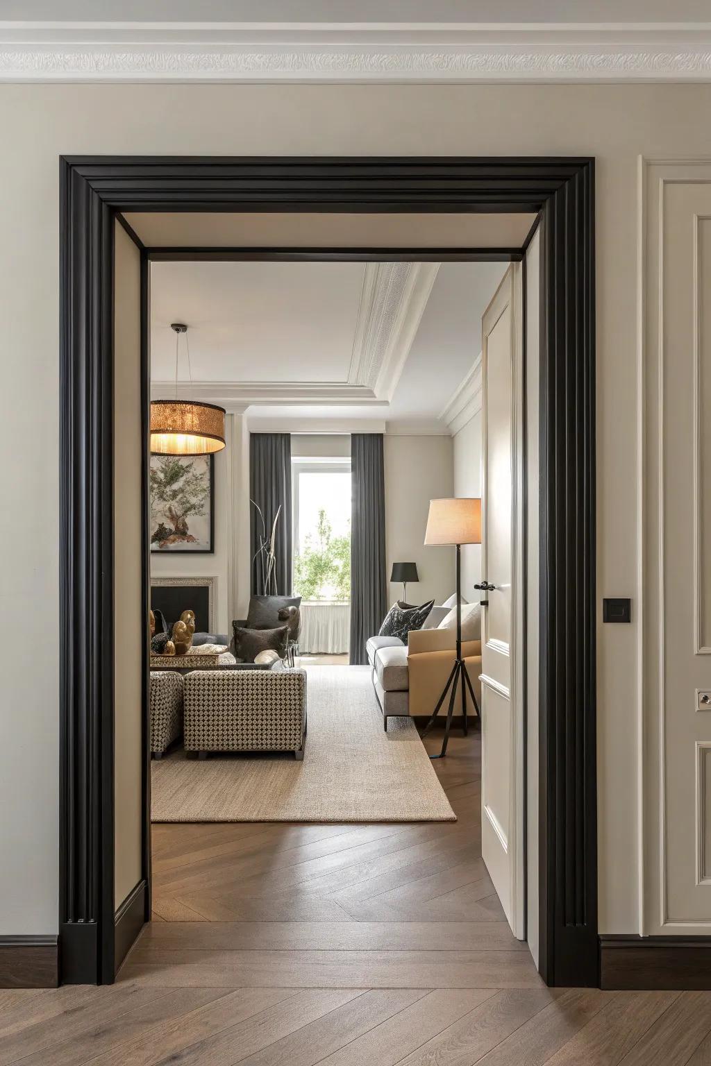 Deep square trim delivering a striking contrast alongside light-toned walls.