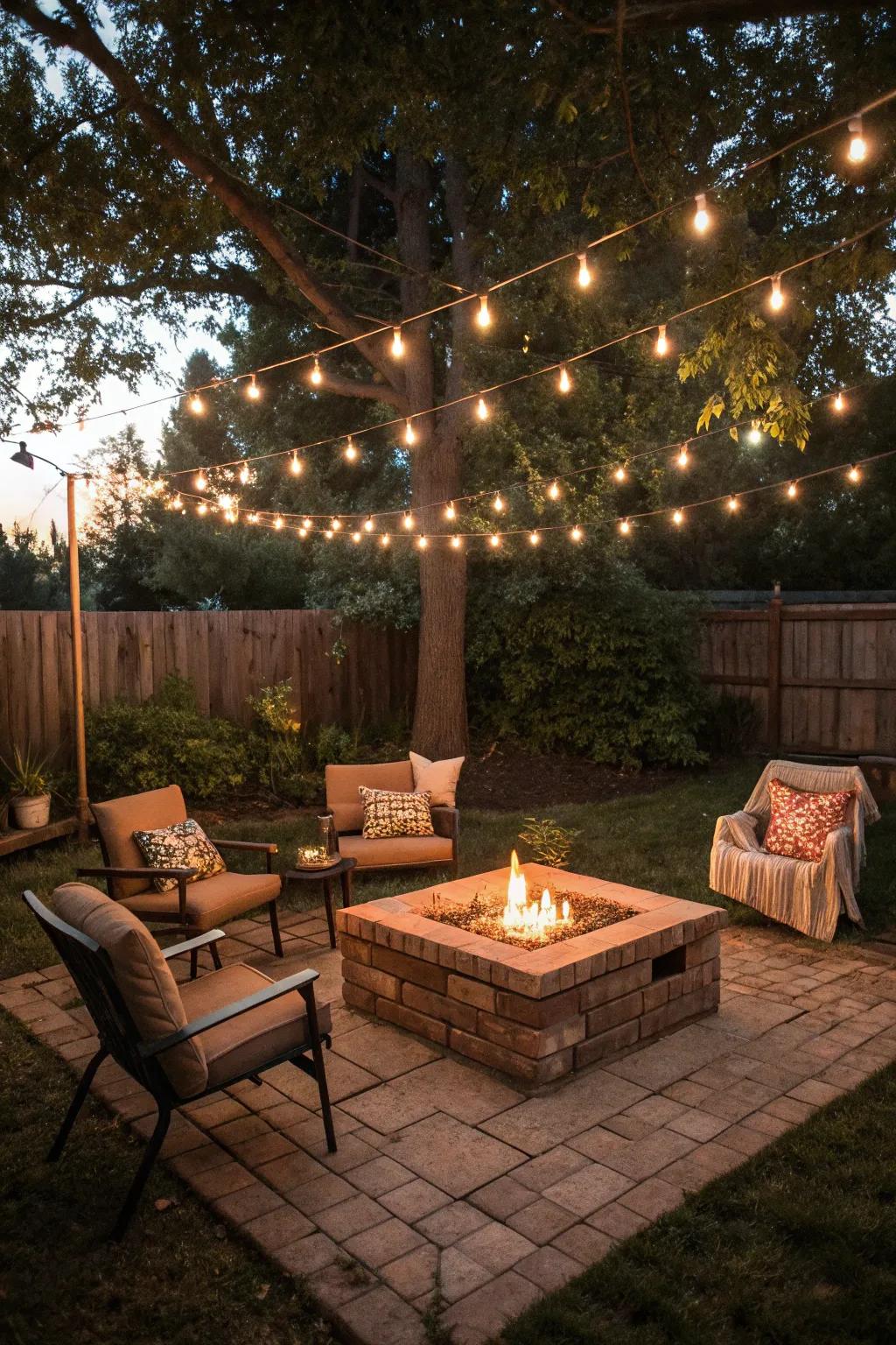 Classic brick infuses timeless charm into this fire pit patio.