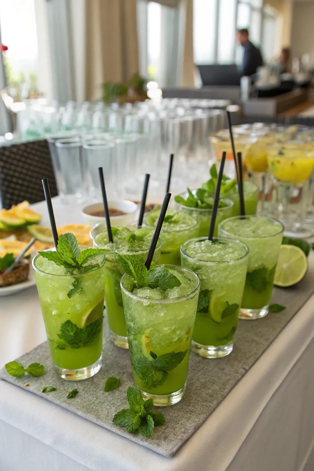 Maintain the party's momentum with refreshing green mixed drinks that introduce a splash of color.