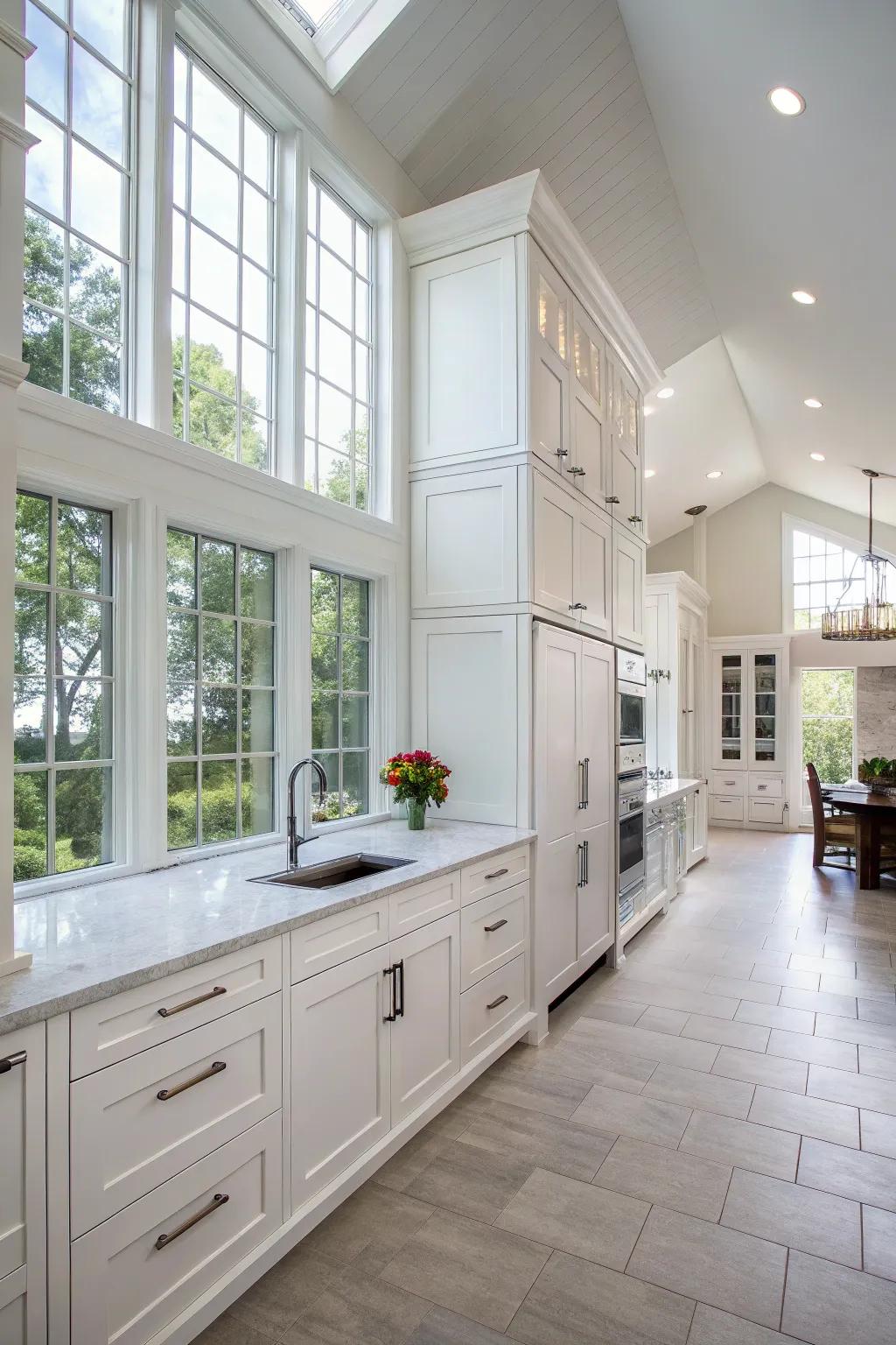 White cabinets amplifying natural light, resulting in a cheerful and hospitable kitchen environment.