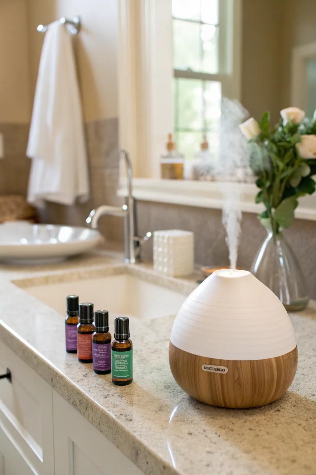 An oil diffuser provides a calming aroma throughout the restroom.