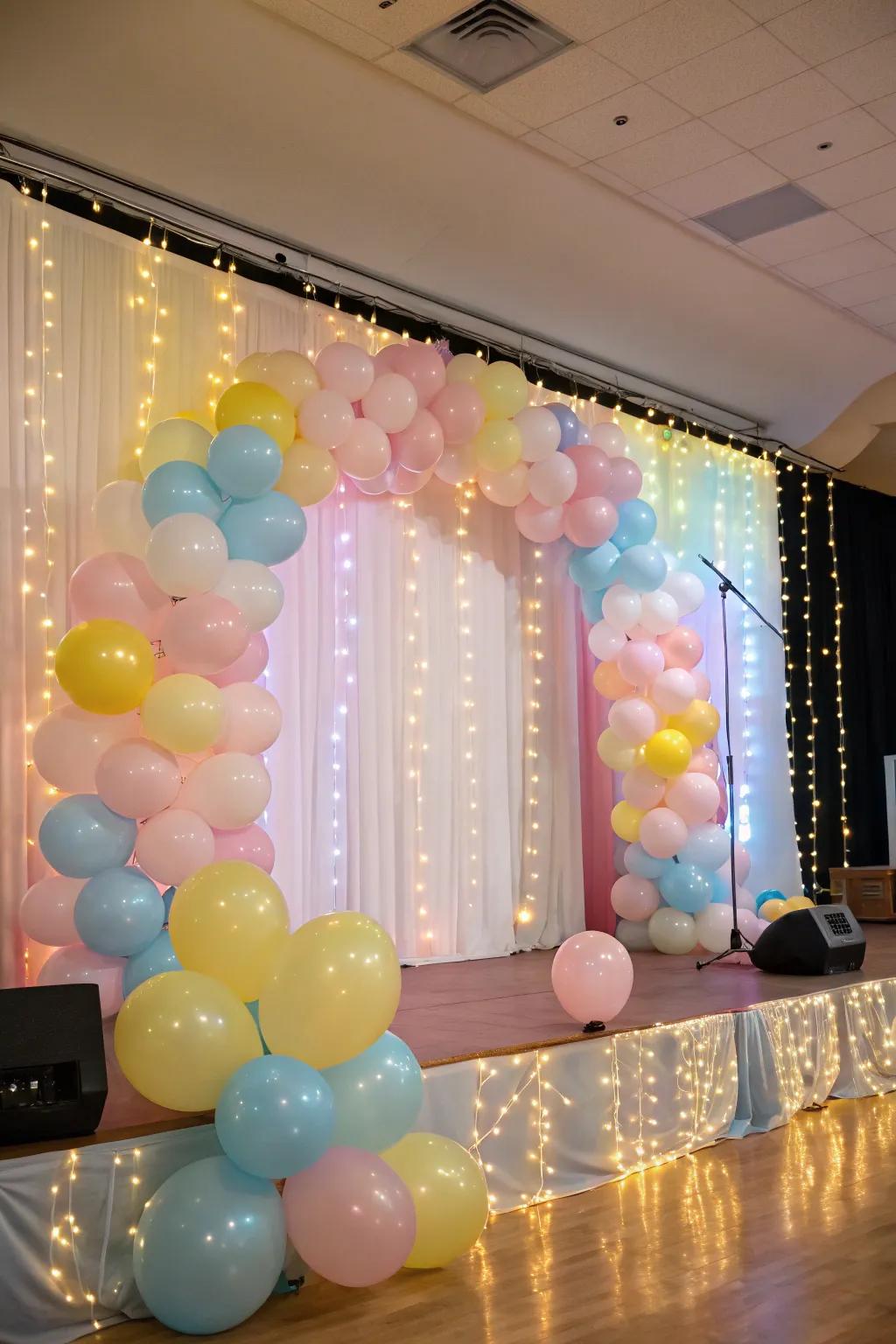 A dreamy backdrop with pastel balloons and twinkling fairy lights.