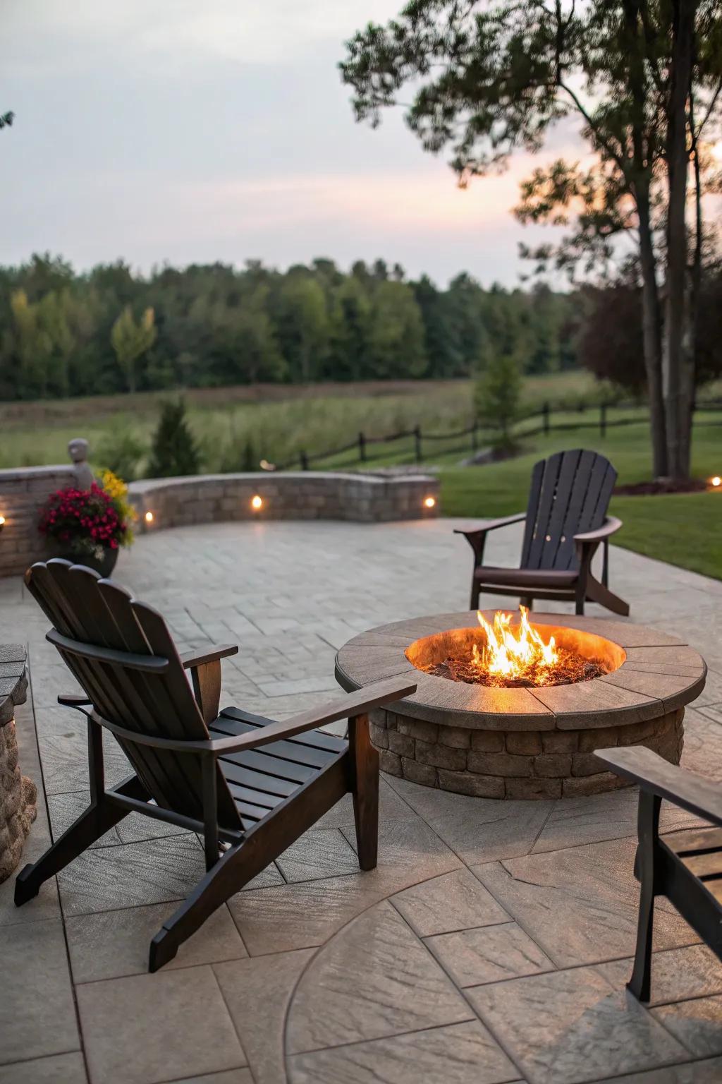 A central fire pit introduces charm and heat to the patio.