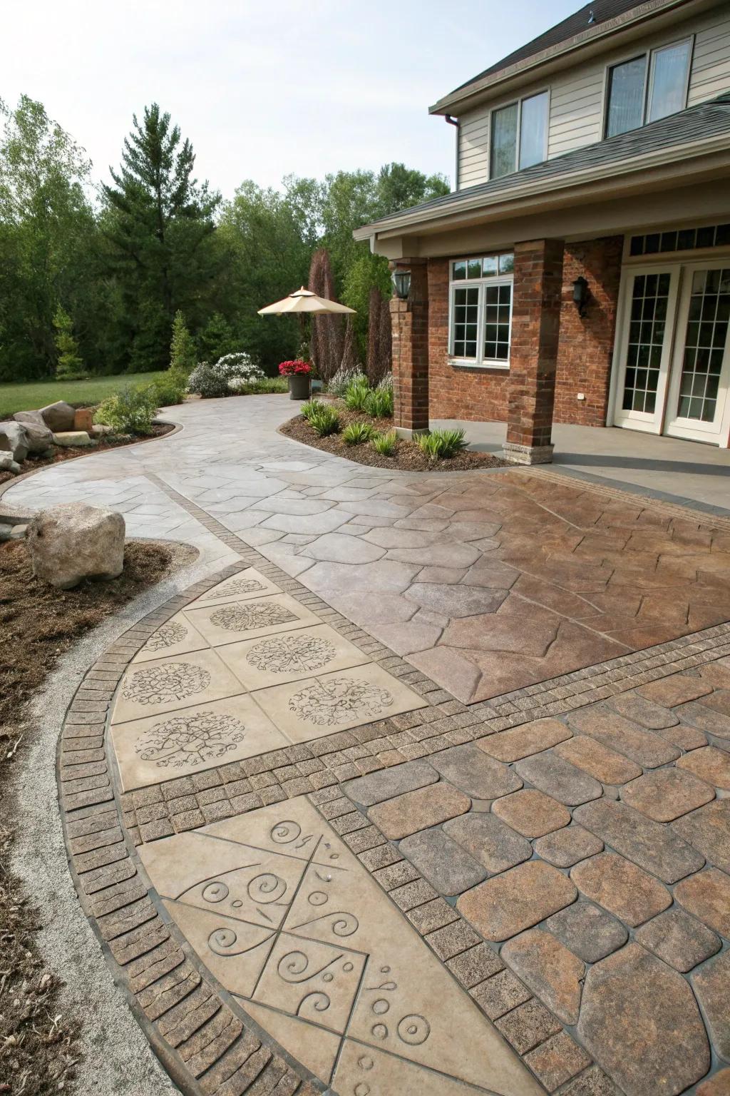 A textured and patterned stamped concrete patio delivering visual intrigue.