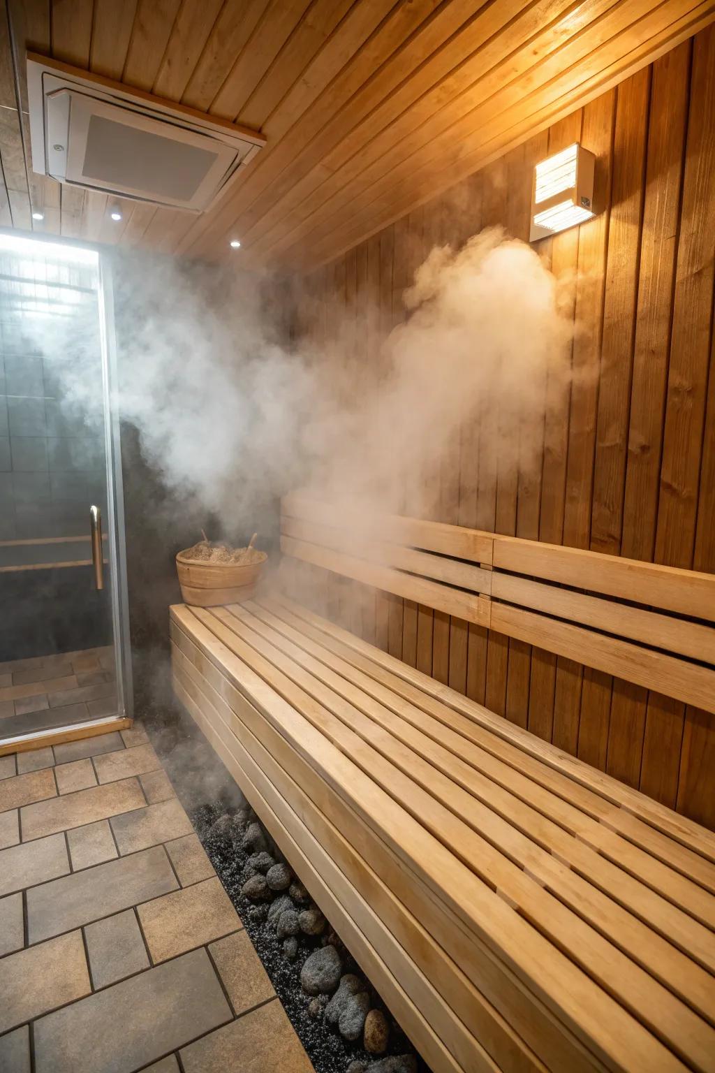 Integrated seating boosts both relaxation and comfort in steam showers.