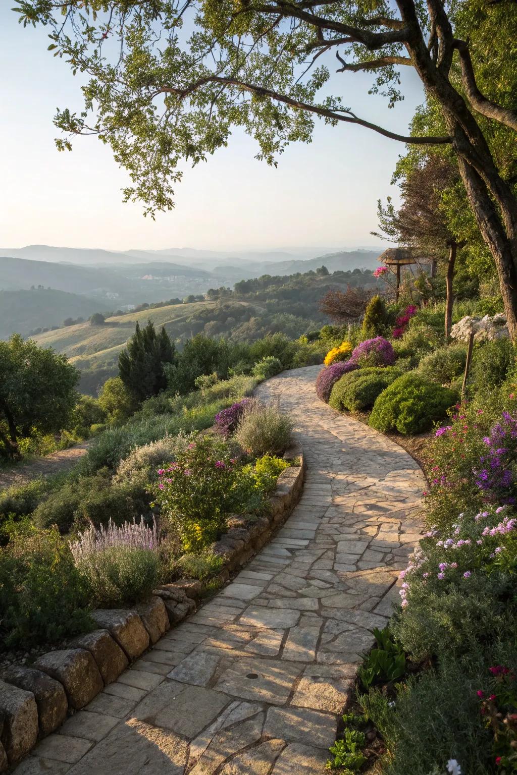 Meandering pathways guide you through your sloping landscape.