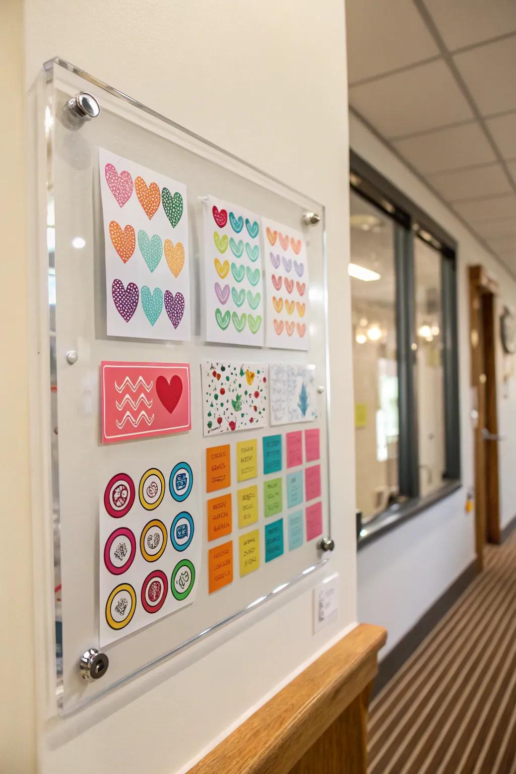 Showcase decals on a see-through board for a contemporary design.